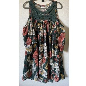 Boho dress green floral cold shoulder
